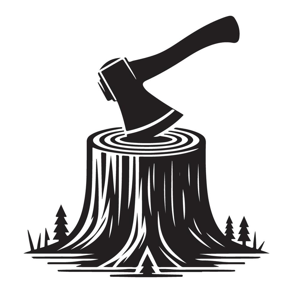 Axe Embedded in Tree Stump Silhouette Ideal for Woodworking and Forestry vector