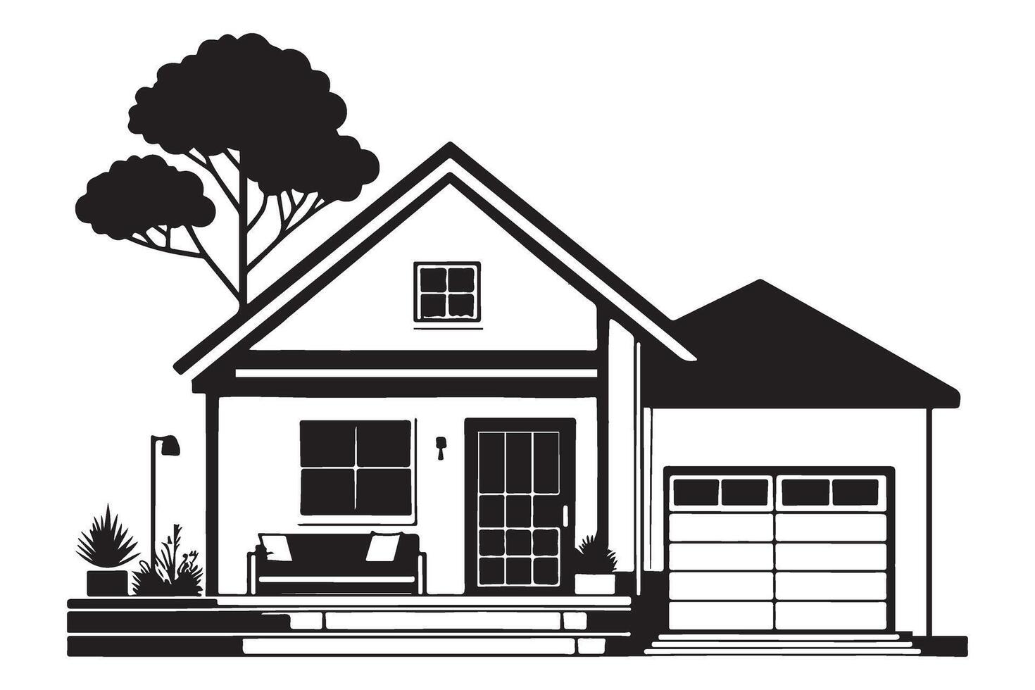 Charming Single Story House with Garage and Front Yard Silhouette vector