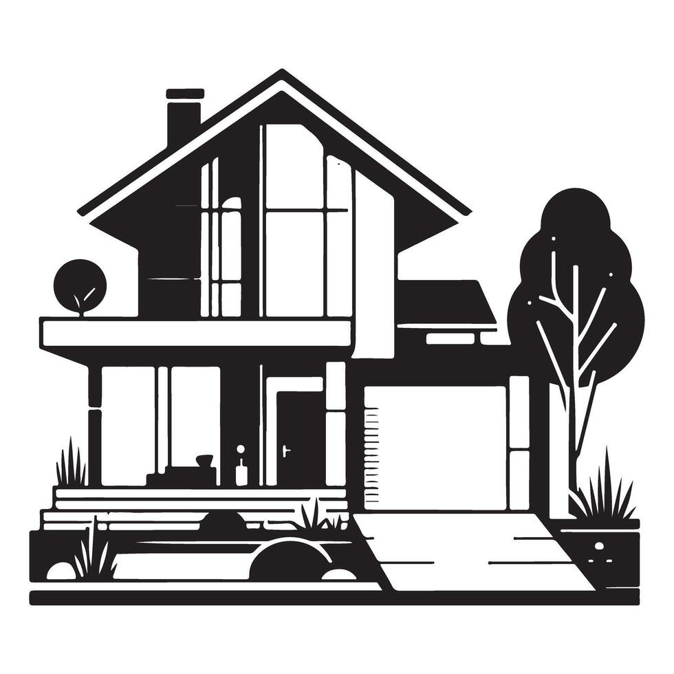 Silhouette Illustration Of Modern House Architecture With Garden Outdoor vector