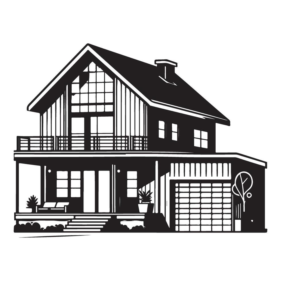 Detailed House Silhouette Illustration with Garage and Balcony vector