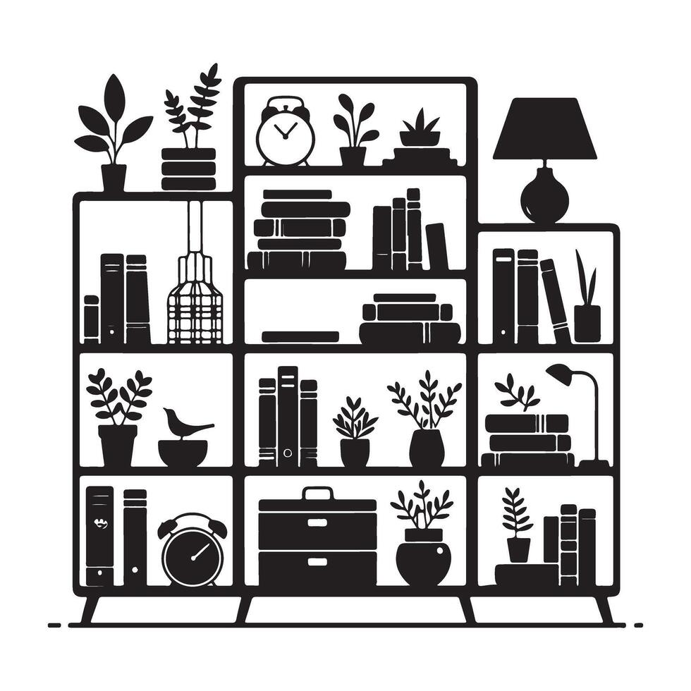 Detailed Bookshelf Illustration with Plants Decor and Books vector