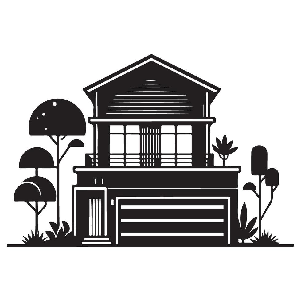 Modern Home Illustration with Garage and Beautiful Landscaping vector