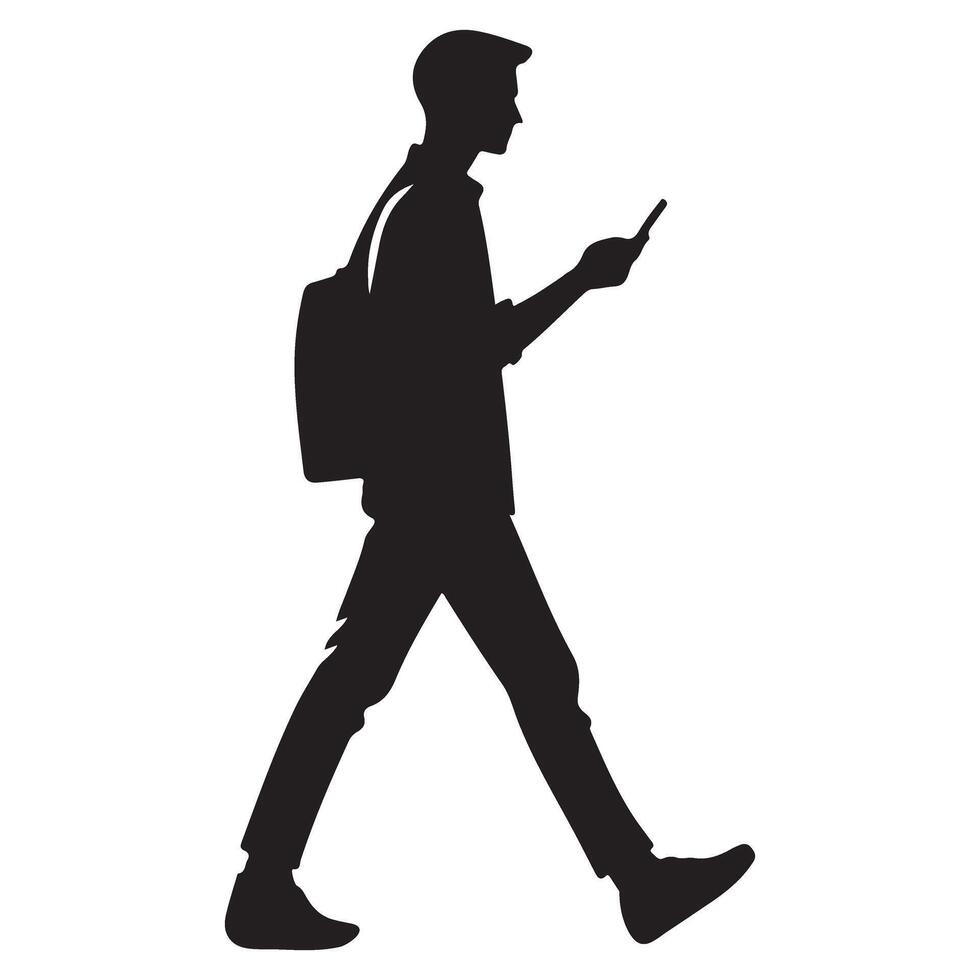 Walking Using Mobile Phone Silhouette Illustration with Backpack vector