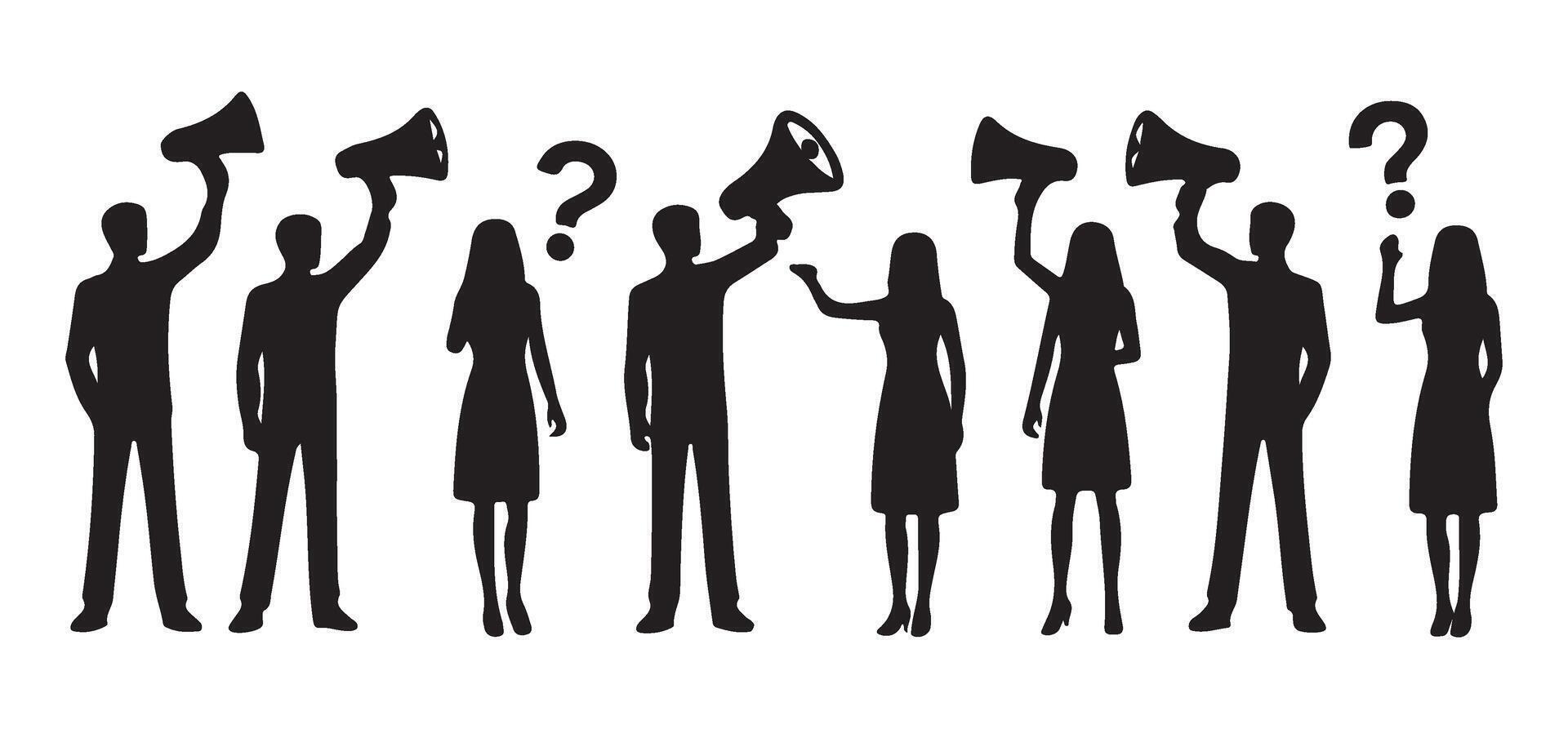 Protest Silhouette with Megaphones and Questions Illustration for Social Issues vector