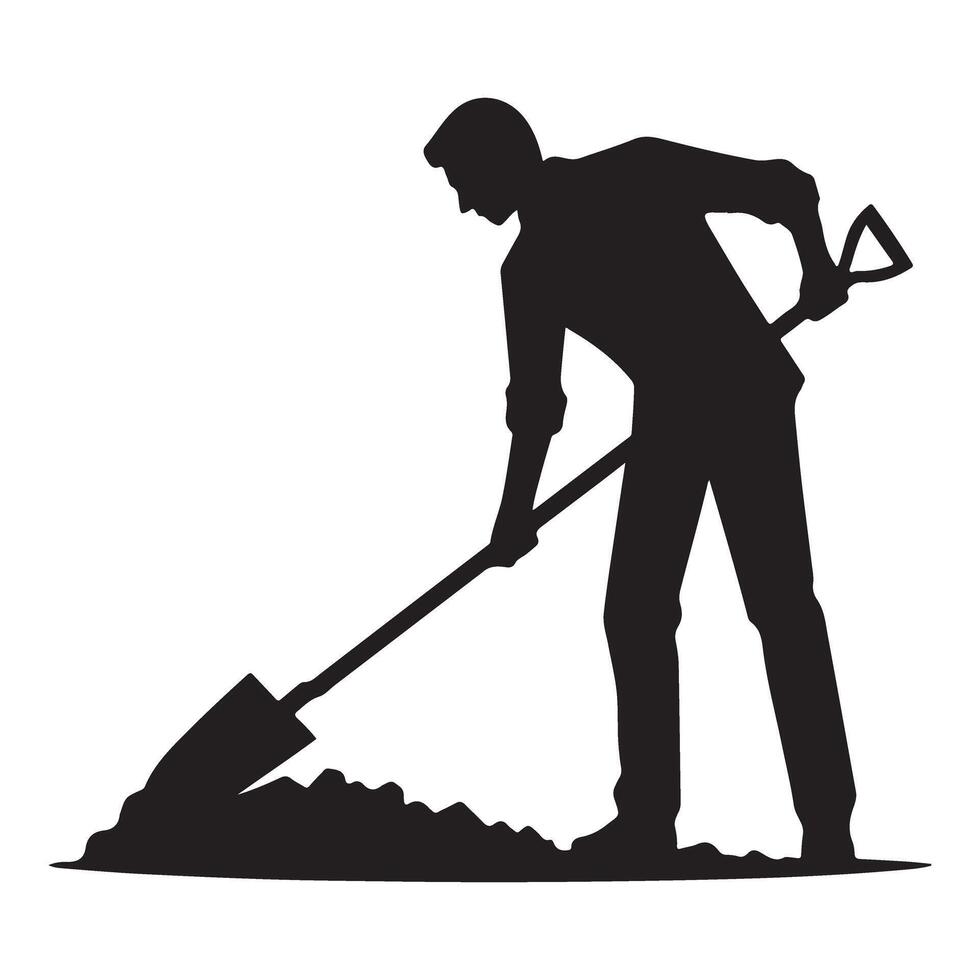 Silhouette of Man Digging Soil with Shovel for Gardening vector