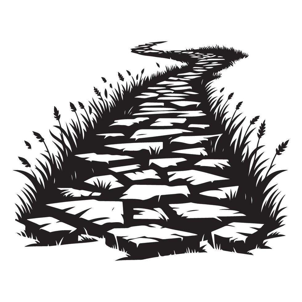 Winding Stone Path Silhouette Through Tall Grass for Adventure vector