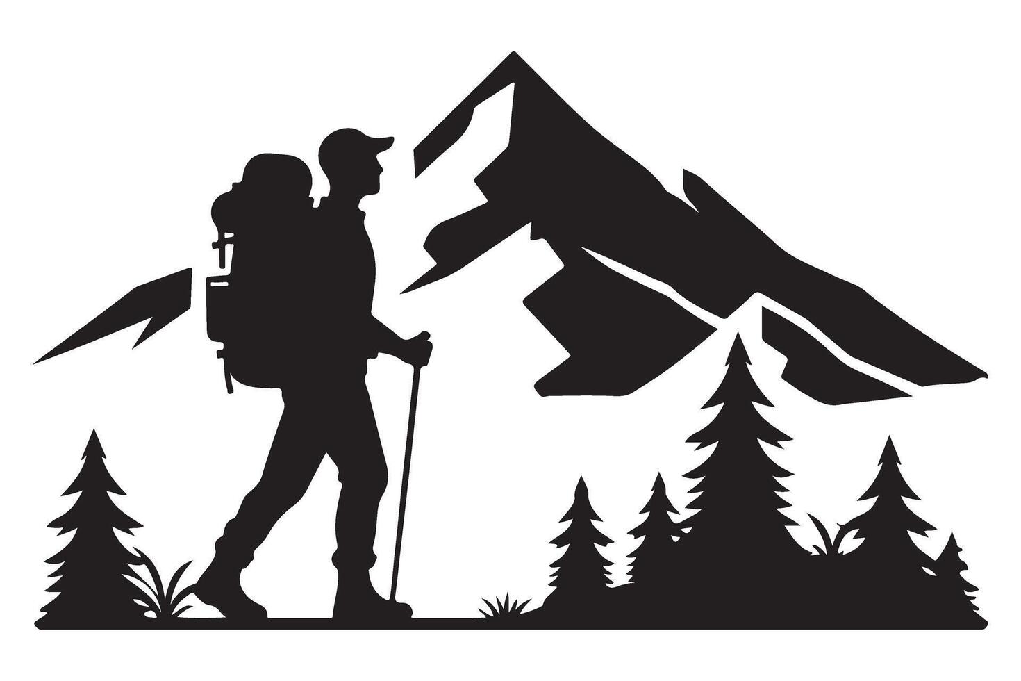 Silhouette of hiker trekking mountain adventure nature outdoor tourism vector