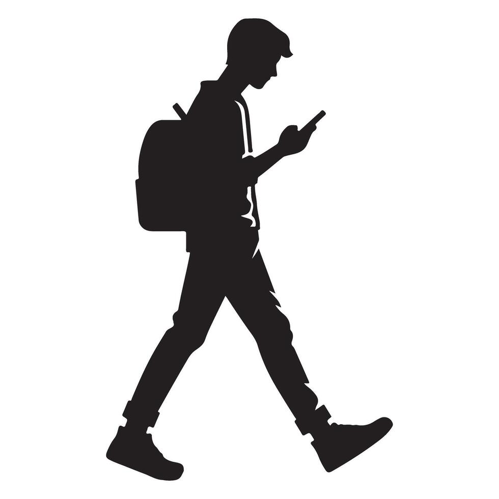 Silhouette of Student Walking and Looking at Phone Illustration vector
