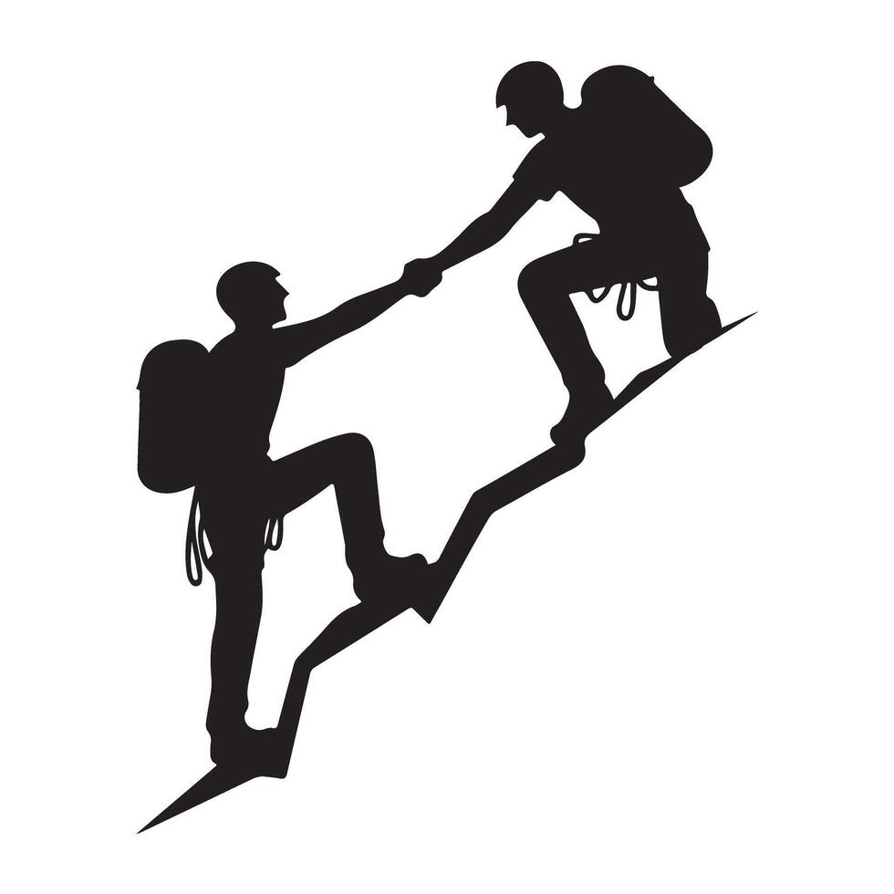 Silhouette of Two Hikers Helping Each Other on Mountain Climb vector