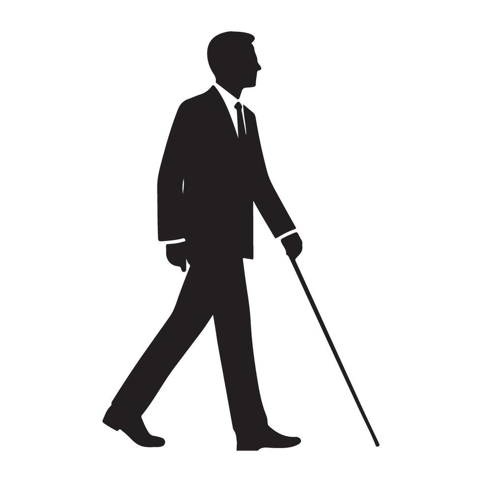 Silhouette of Confident Businessman Walking with Cane for Assistance vector