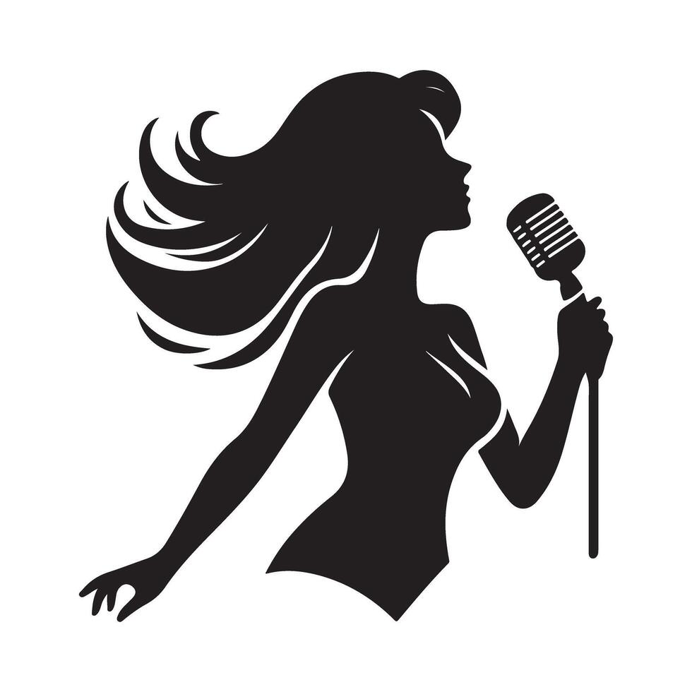 Singer Silhouette With Retro Microphone and Flowing Hair Illustration vector