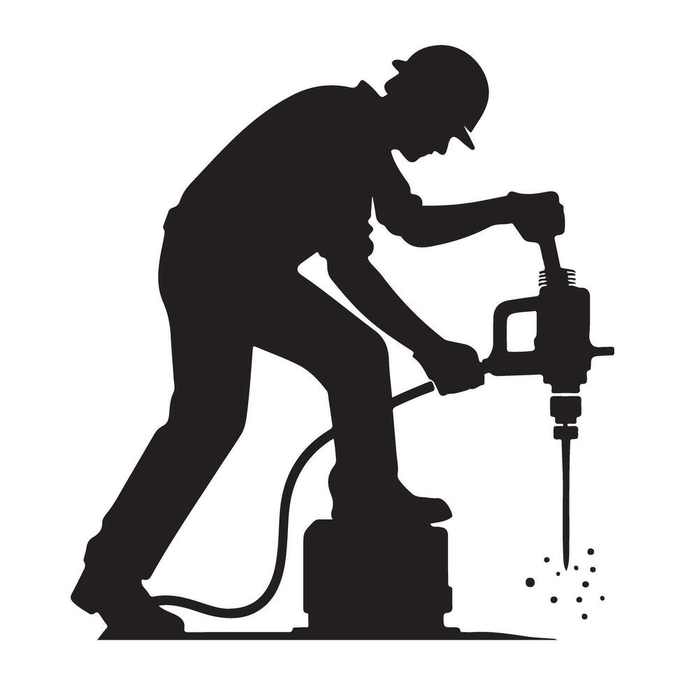 Silhouette Construction Worker Using Jackhammer Demolition Illustration Art vector