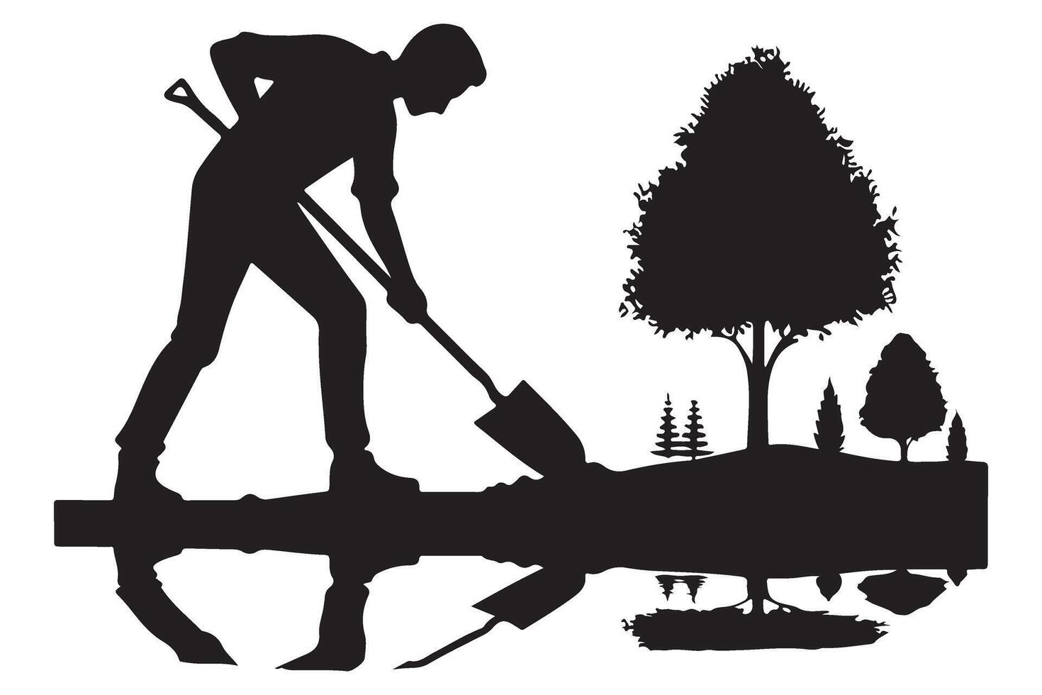 Silhouette Gardener Planting with Shovel by Water Reflection Art vector
