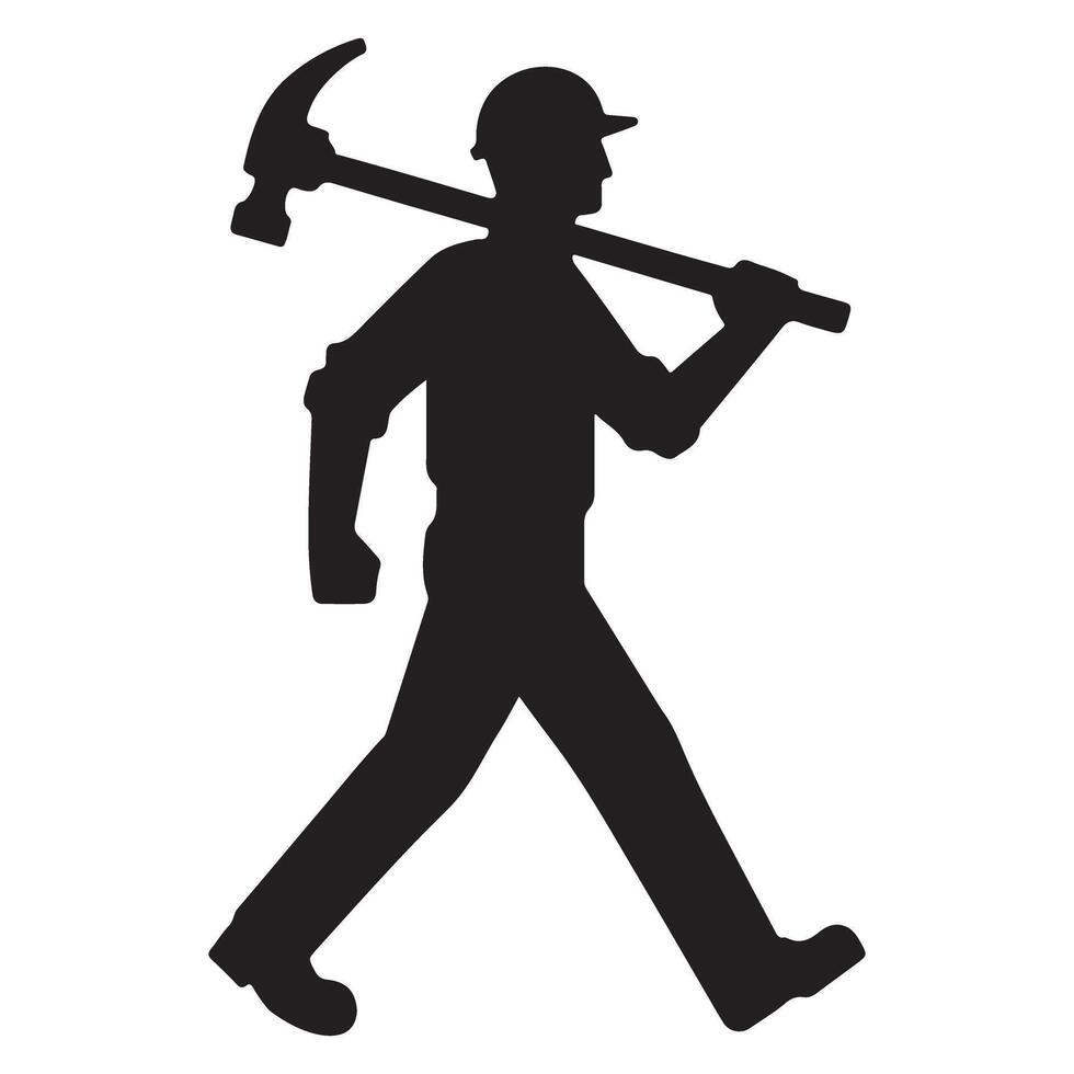 Silhouette Builder Walking with Hammer Ready for Construction vector