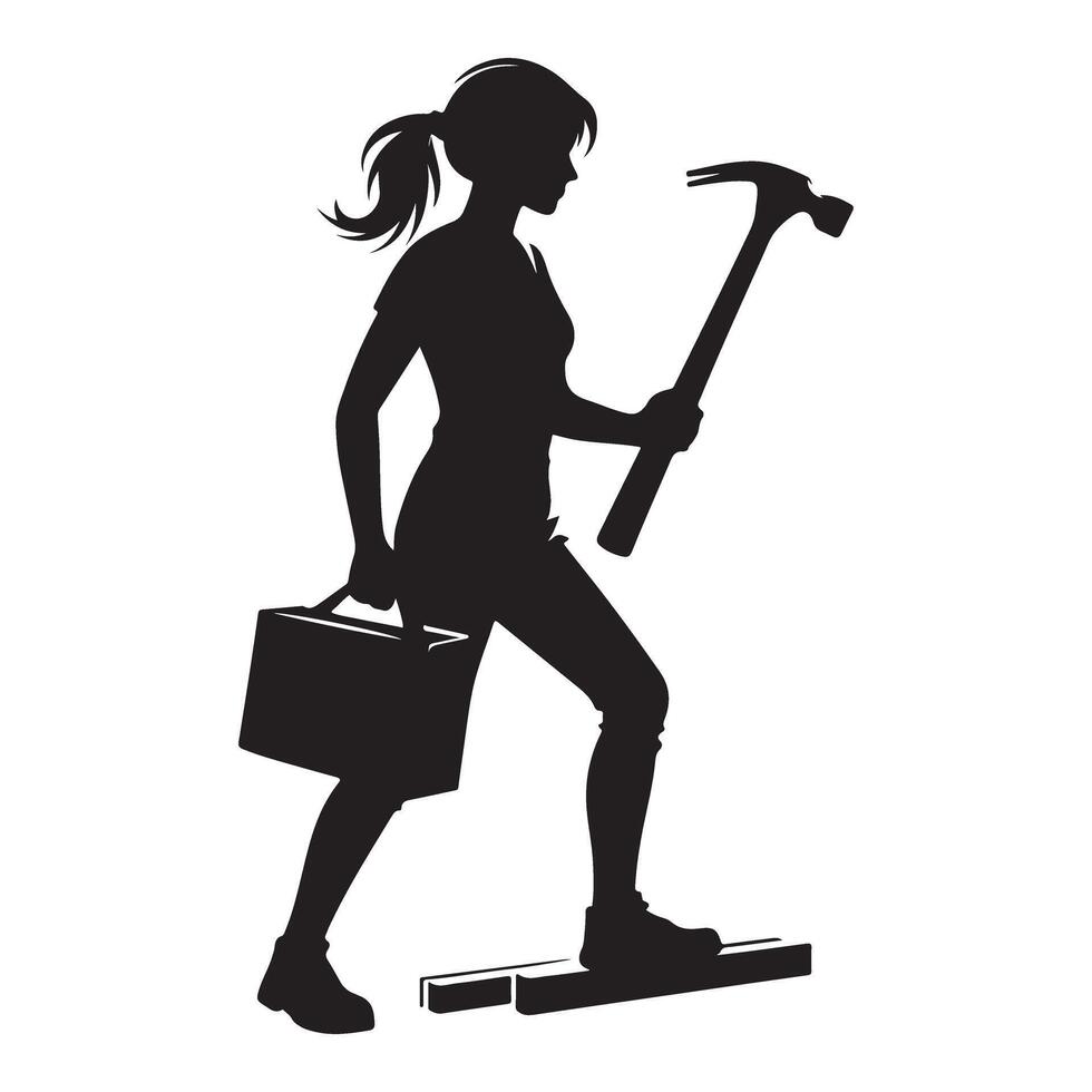 Empowered Woman Carpenter Illustration Silhouette with Hammer and Toolbox vector