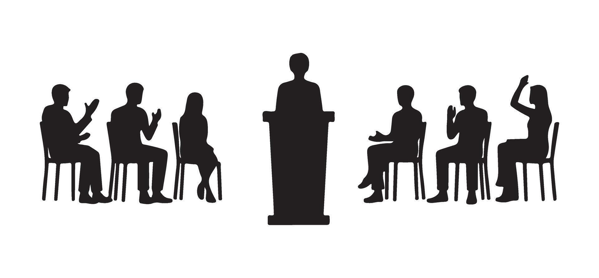 Speaker at Podium Giving a Speech to Seated Audience Silhouette vector