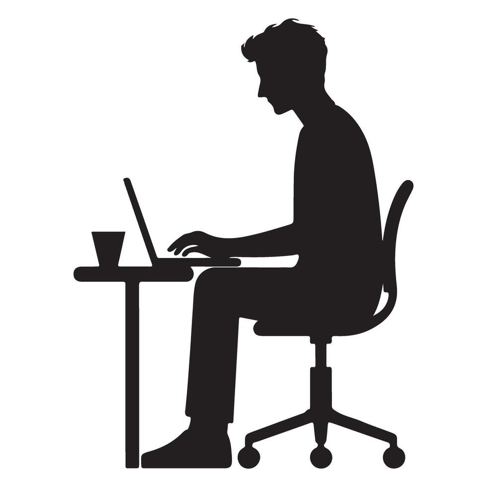 Silhouette Man Working on Laptop for Remote Work Concept vector