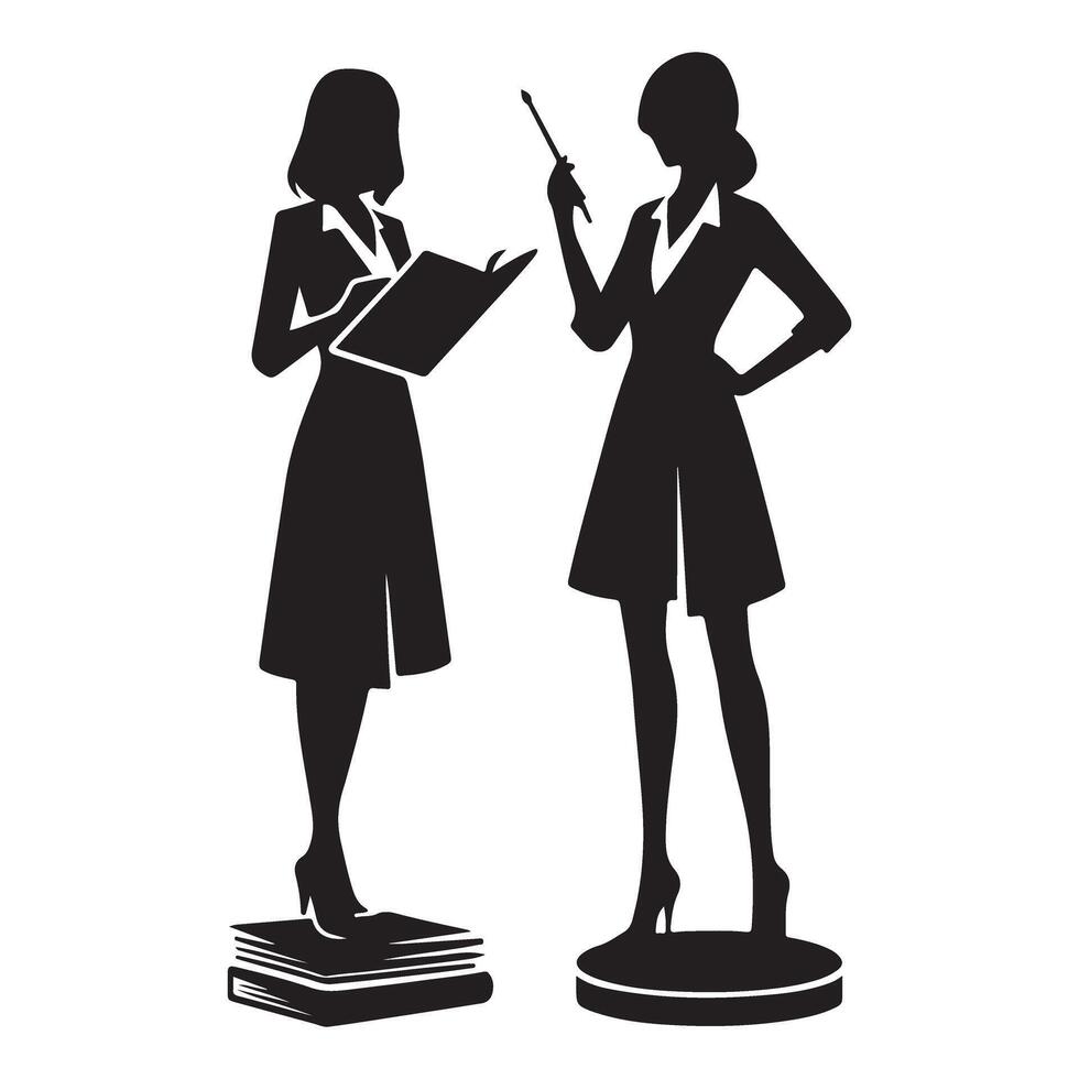 Silhouette of Teachers Discussing Education Standing on Stack Books vector