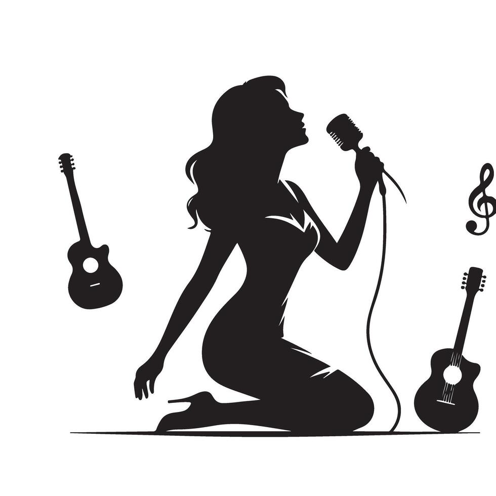 Singing Diva Silhouette with Guitar Art Illustration vector