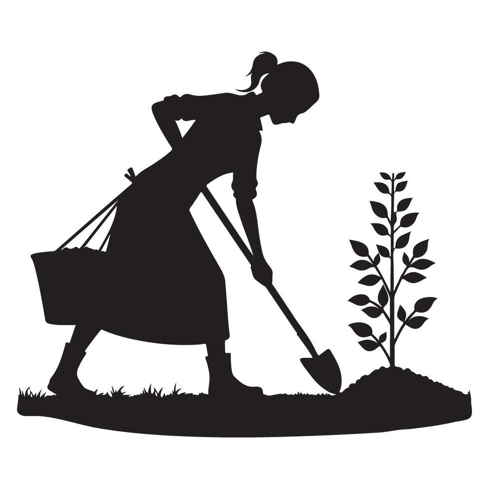 Silhouette woman planting tree gardening artwork image download vector