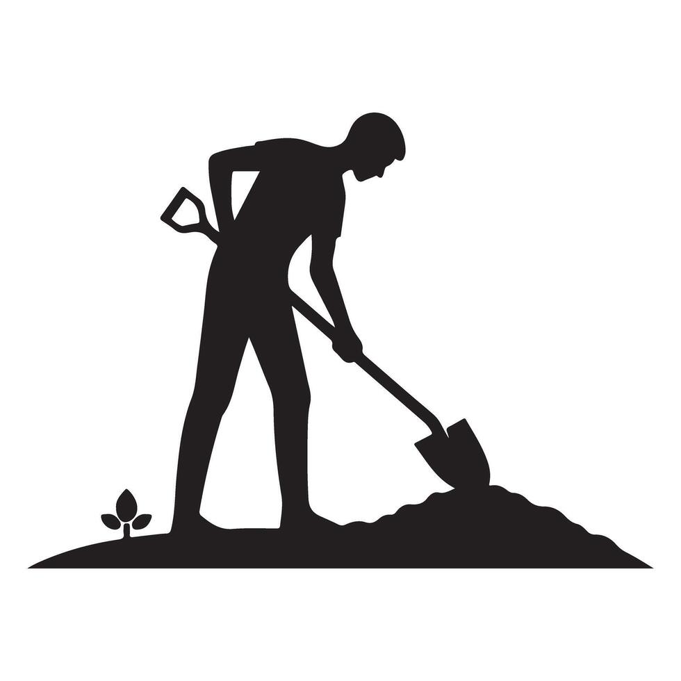Silhouette Gardener Digging Soil with Shovel Gardening and Farming vector