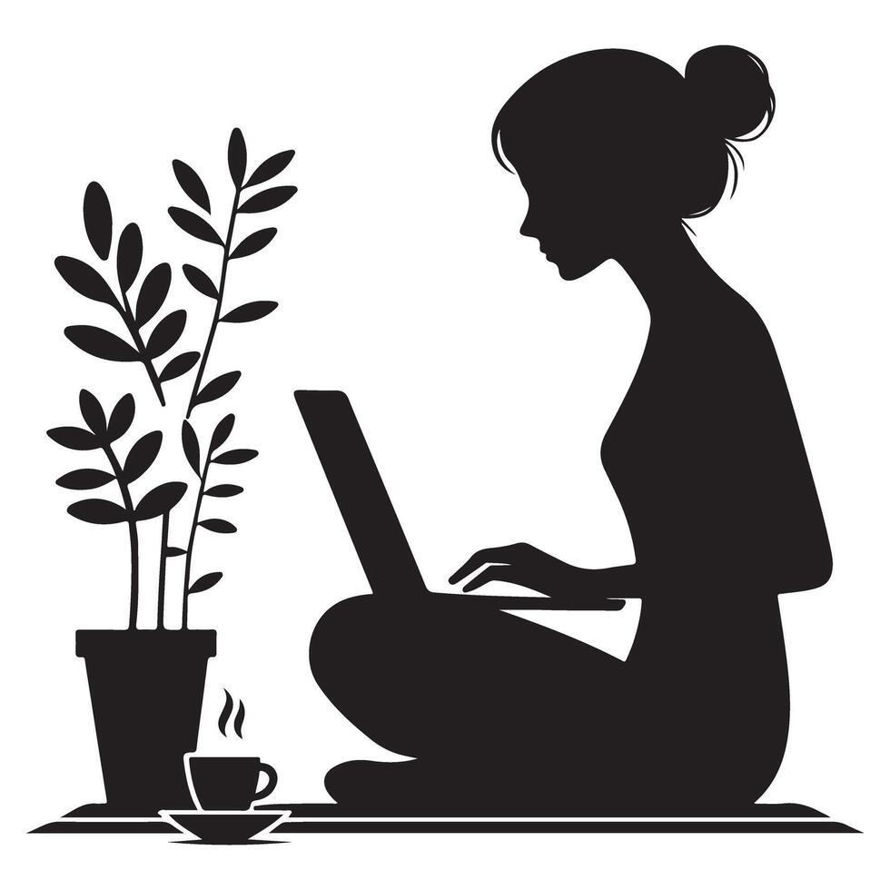 Woman Working on Laptop Silhouette Creating Workspace vector