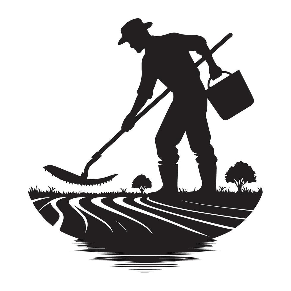 Farmer Silhouette Art Working on Agriculture Farm Illustration vector
