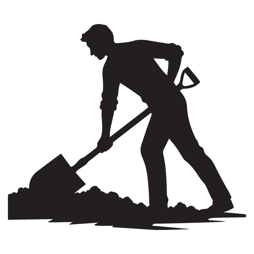 Silhouette of Man Digging Soil Using Shovel for Gardening landscaping vector