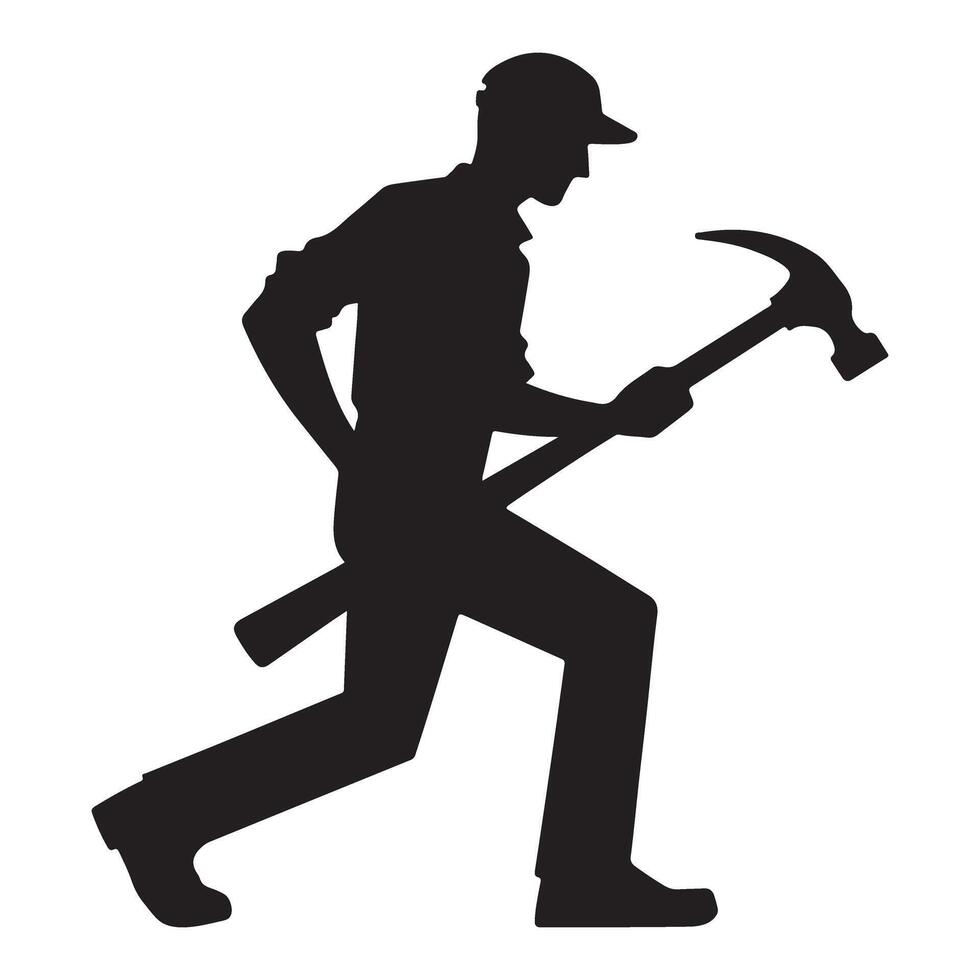 Construction Worker Silhouette Carrying Hammer on a Workplace Site vector