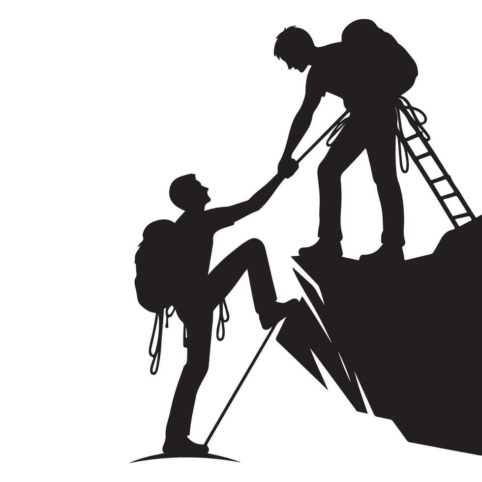 Climbing Silhouette Art Assisting Other Climber Teamwork Illustration vector