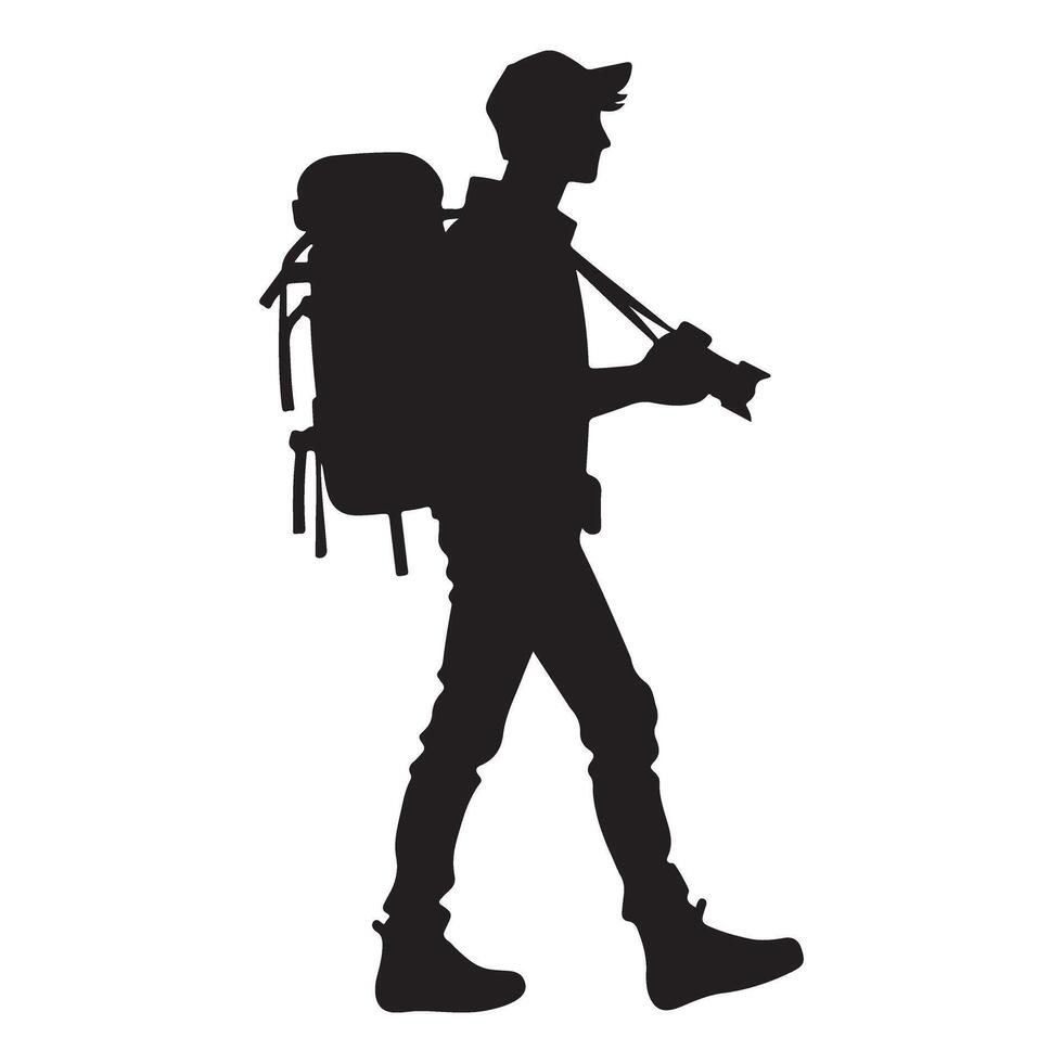 Hiker with Backpack Camera Silhouette Illustration Adventure Journey vector
