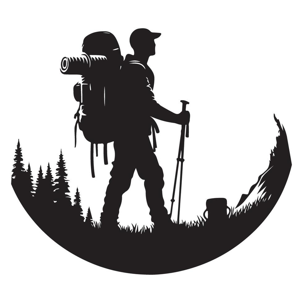 Silhouette of Adventurous Hiker with Backpack Exploring Nature on Adventure Trip vector