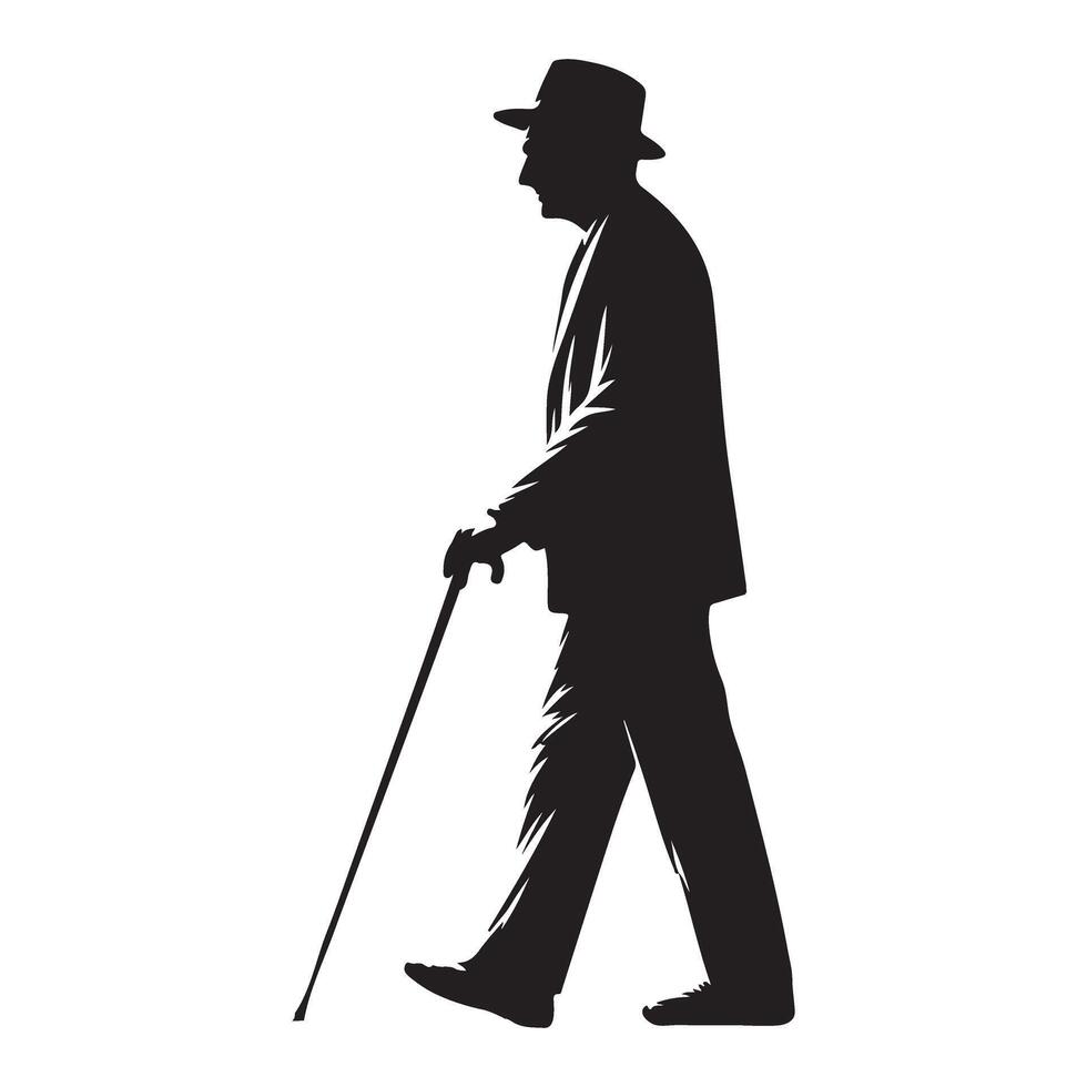 Silhouette of Elderly Gentleman Walking with a Cane for Stability vector