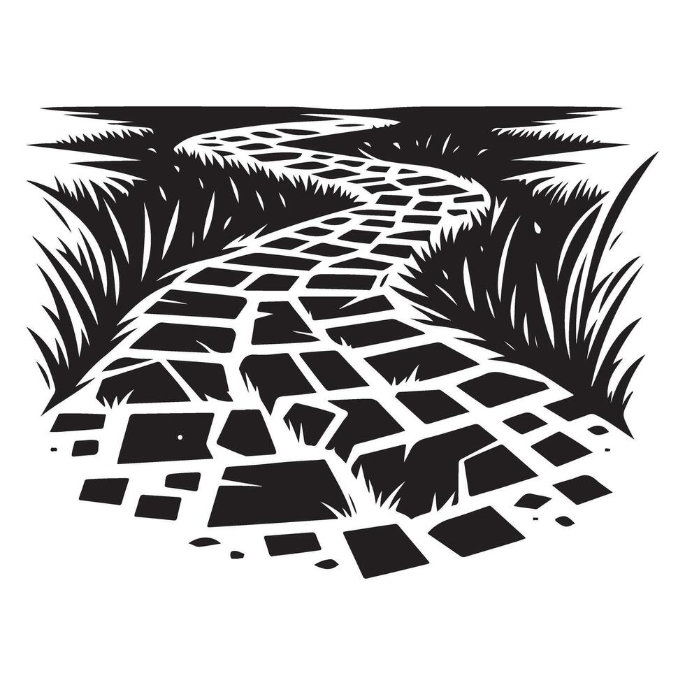 Beautiful Silhouette of a Winding Stone Path Surrounded by Greenery vector
