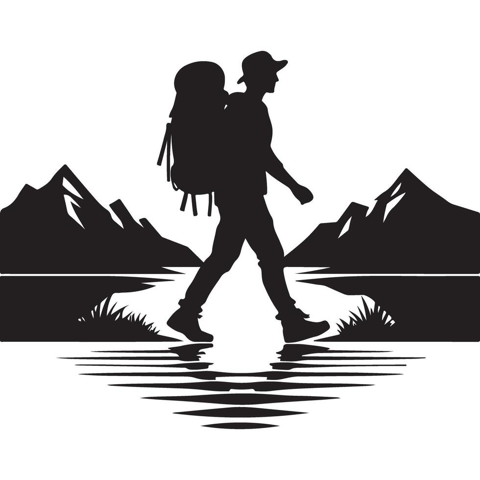 Silhouette Hiker Trekking Through Mountains Reflection Illustration for Outdoor Enthusiasts vector