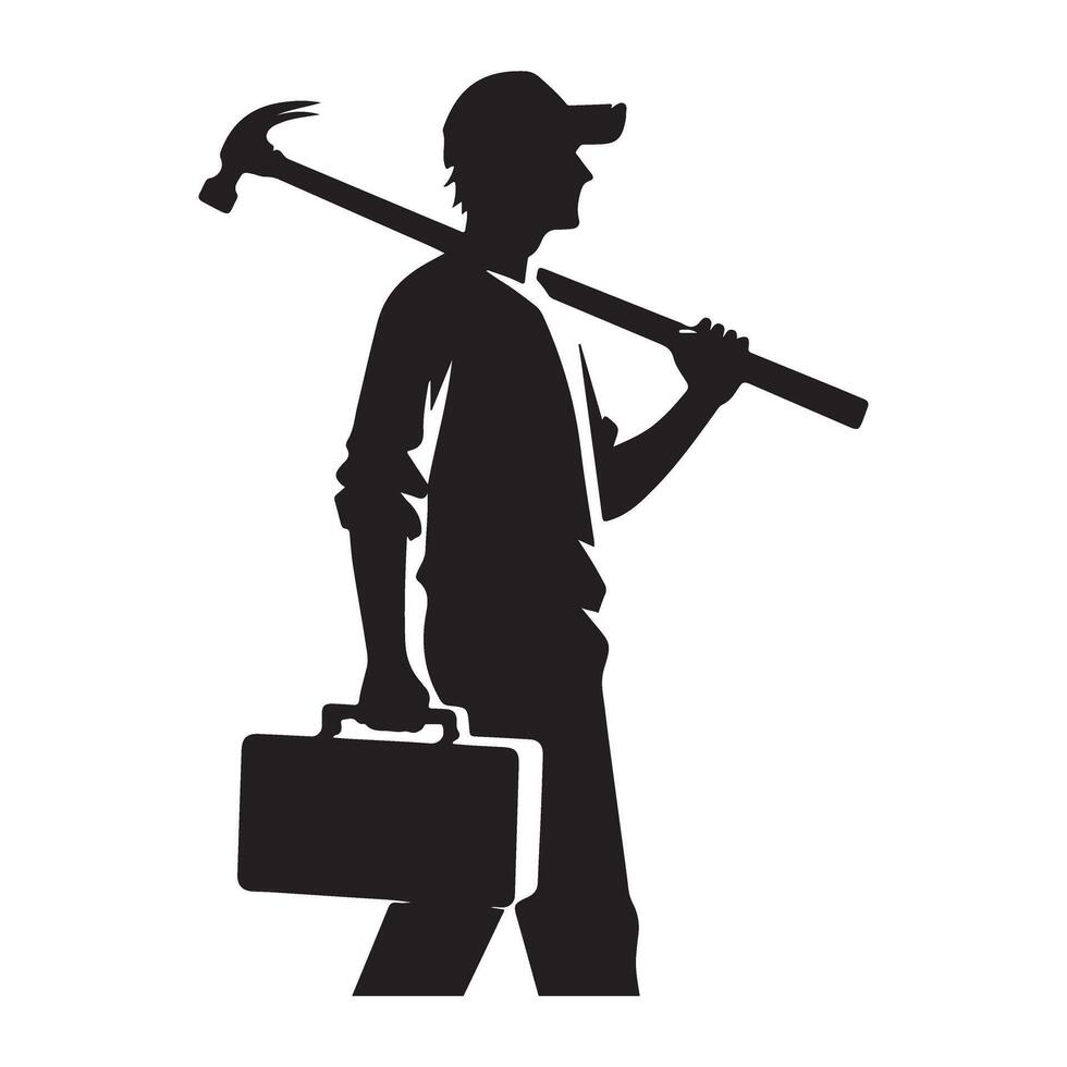 Silhouette of a Construction Worker Holding Tool Box and Hammer vector