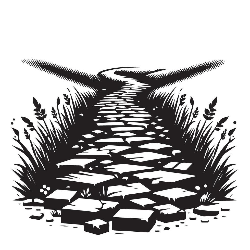 Stone Pathway Illustration Through Grass Field Leading into Distance vector