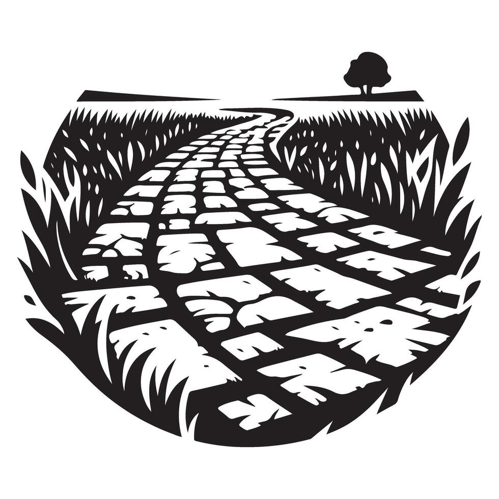 Illustrative Stone Path Winding Across Grassland to a Lone Tree vector