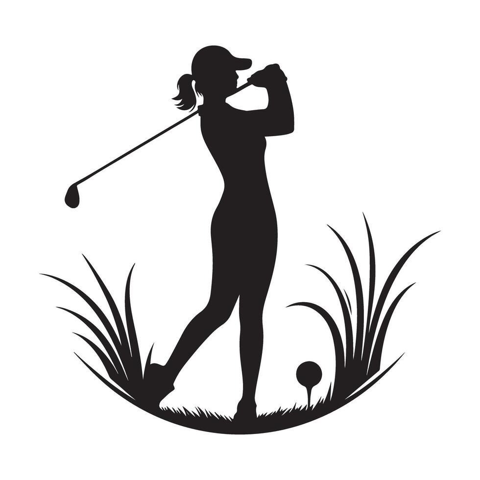 Silhouette of Woman Golfer Teeing Off Surrounded by Grass Illustration vector