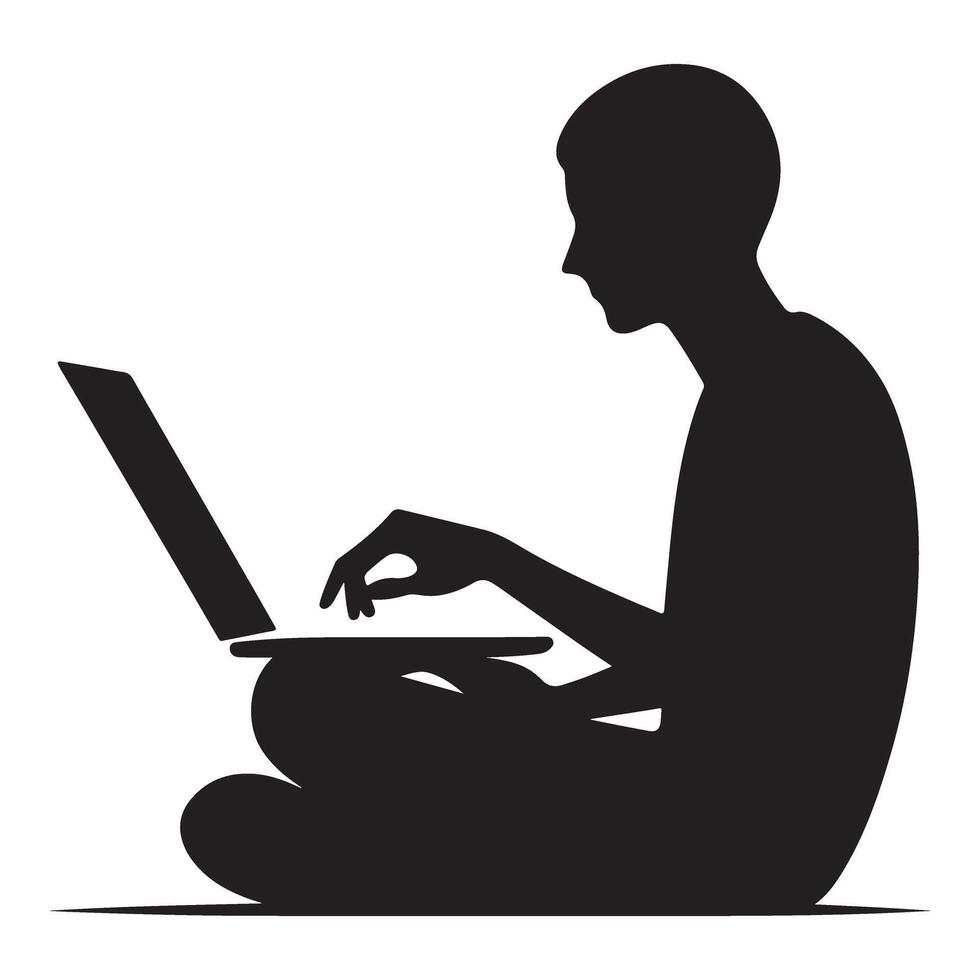Silhouette Person Sitting Cross Legged Using Laptop Illustration Design vector