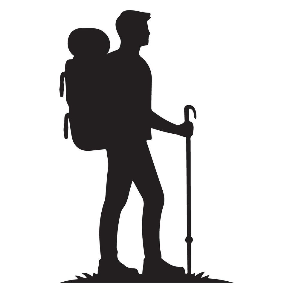 Hiking Adventure Silhouette Man with Backpack and Trekking Pole Illustration vector