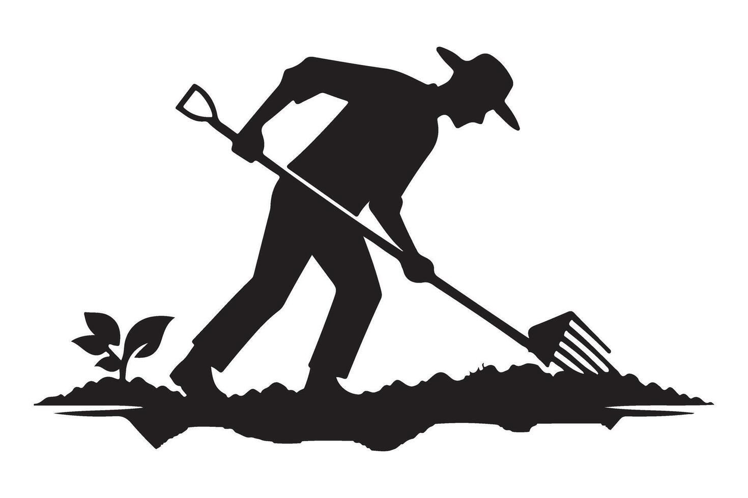 Farmer with Rake Silhouette Tending to Soil Illustration vector