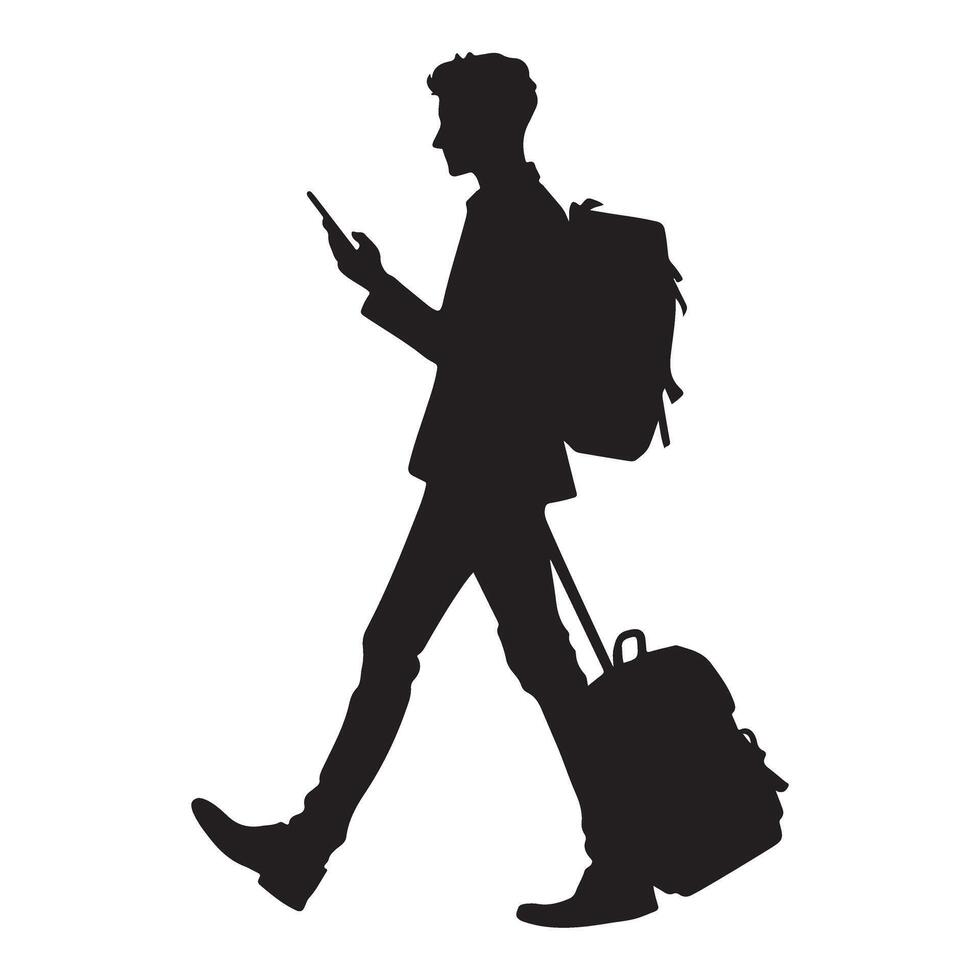 Traveler with Luggage and Mobile Silhouette Illustration Exploring New Horizons vector