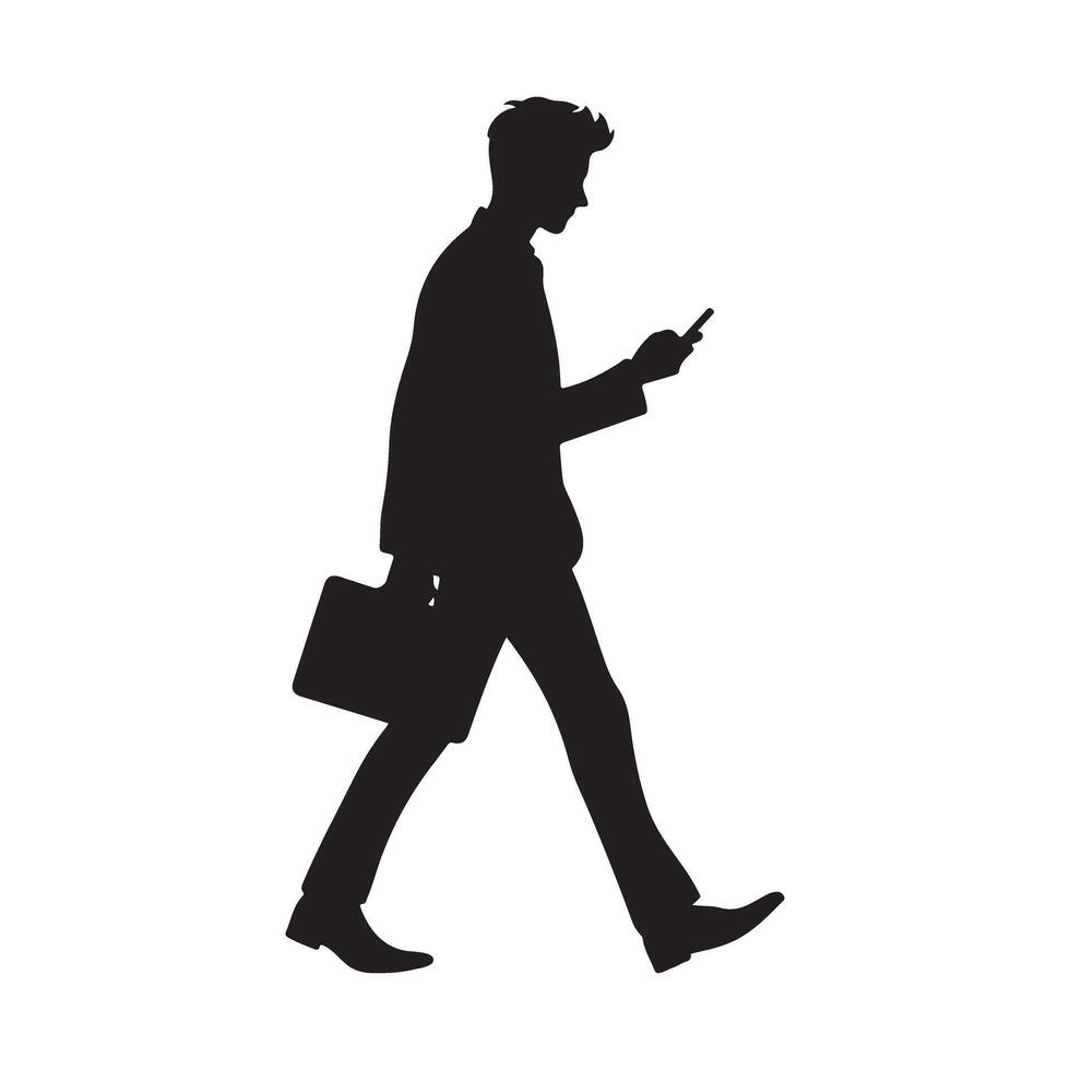 Business Person Silhouette Illustration Walking with Phone Briefcase vector