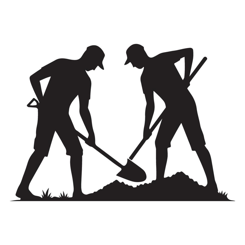 Teamwork Silhouette Illustration Two Men Digging with Shovels vector