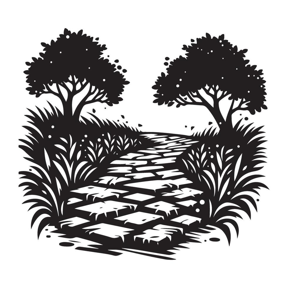 Stone pathway silhouette illustration through garden for serene landscape vector