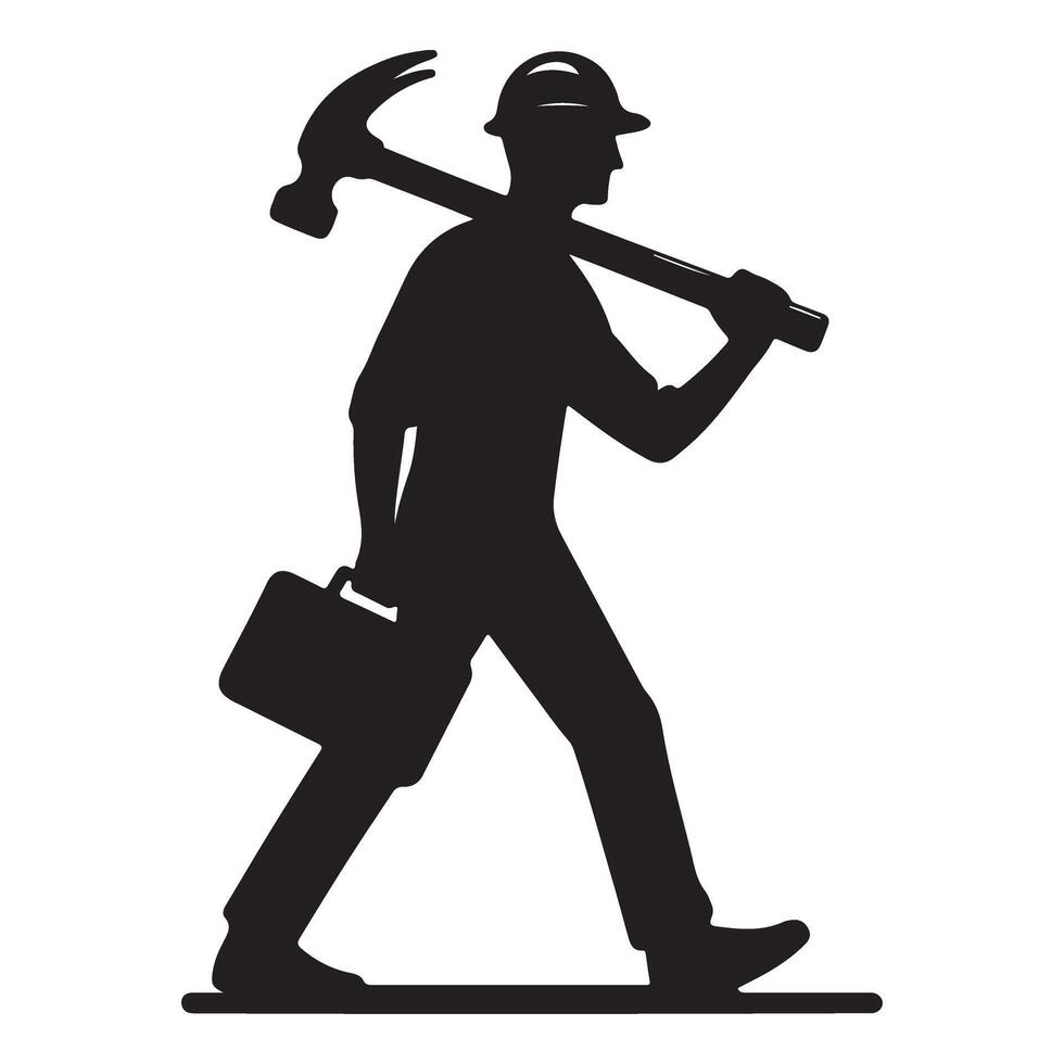 Construction Worker Silhouette Hammer and Toolbox Illustration vector