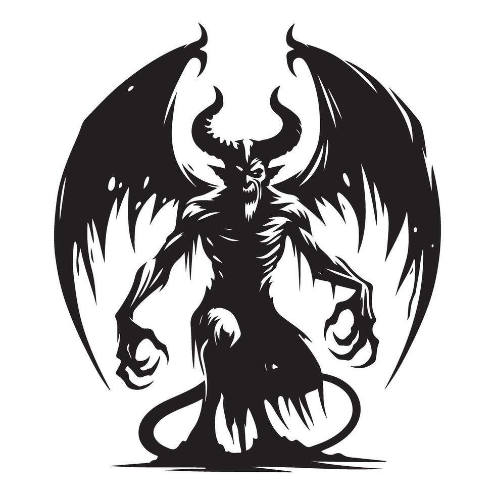 Fearsome Devil Silhouette Illustration with Wings and Horns Grim Design vector