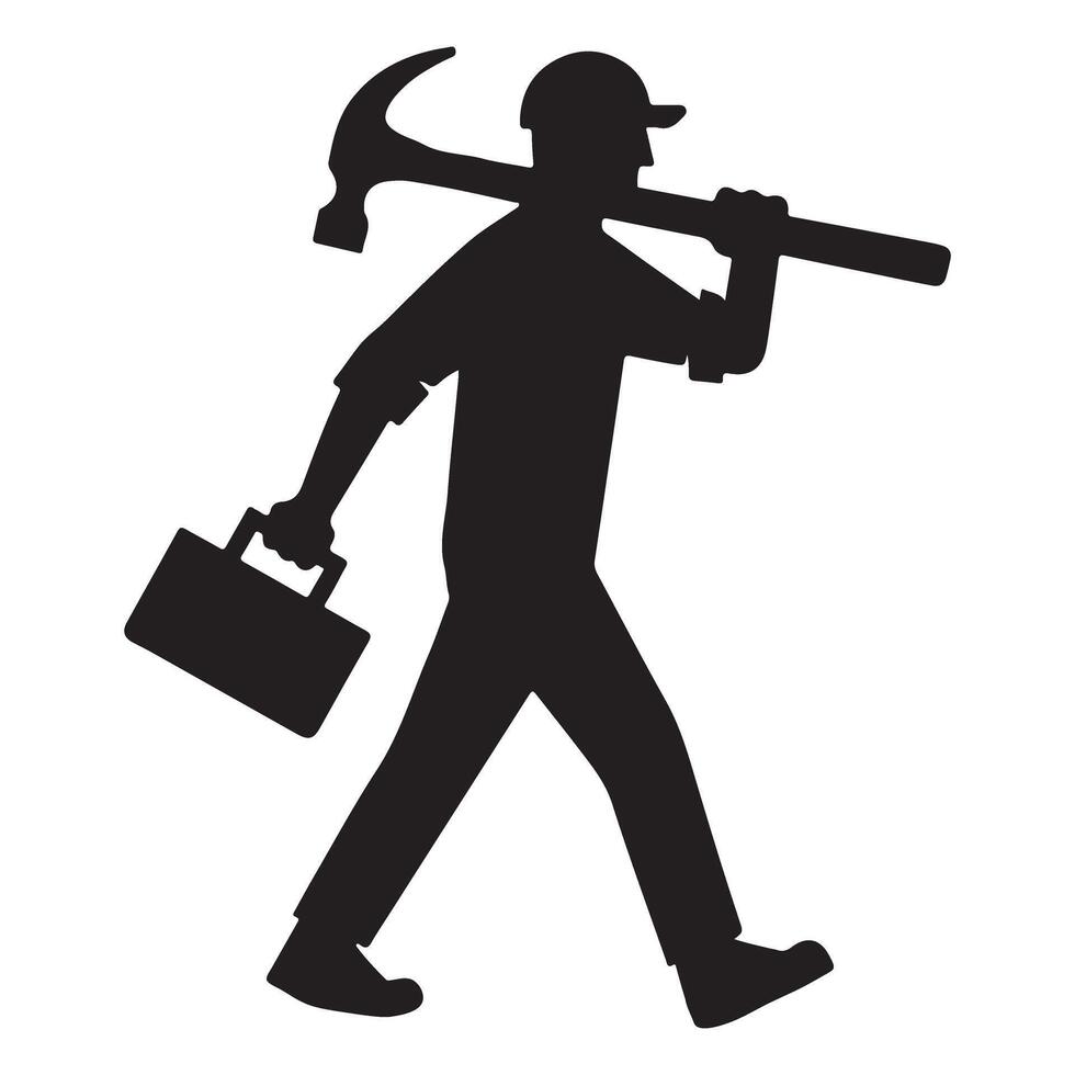 Silhouette of a Construction Worker with Hammer and Toolbox vector