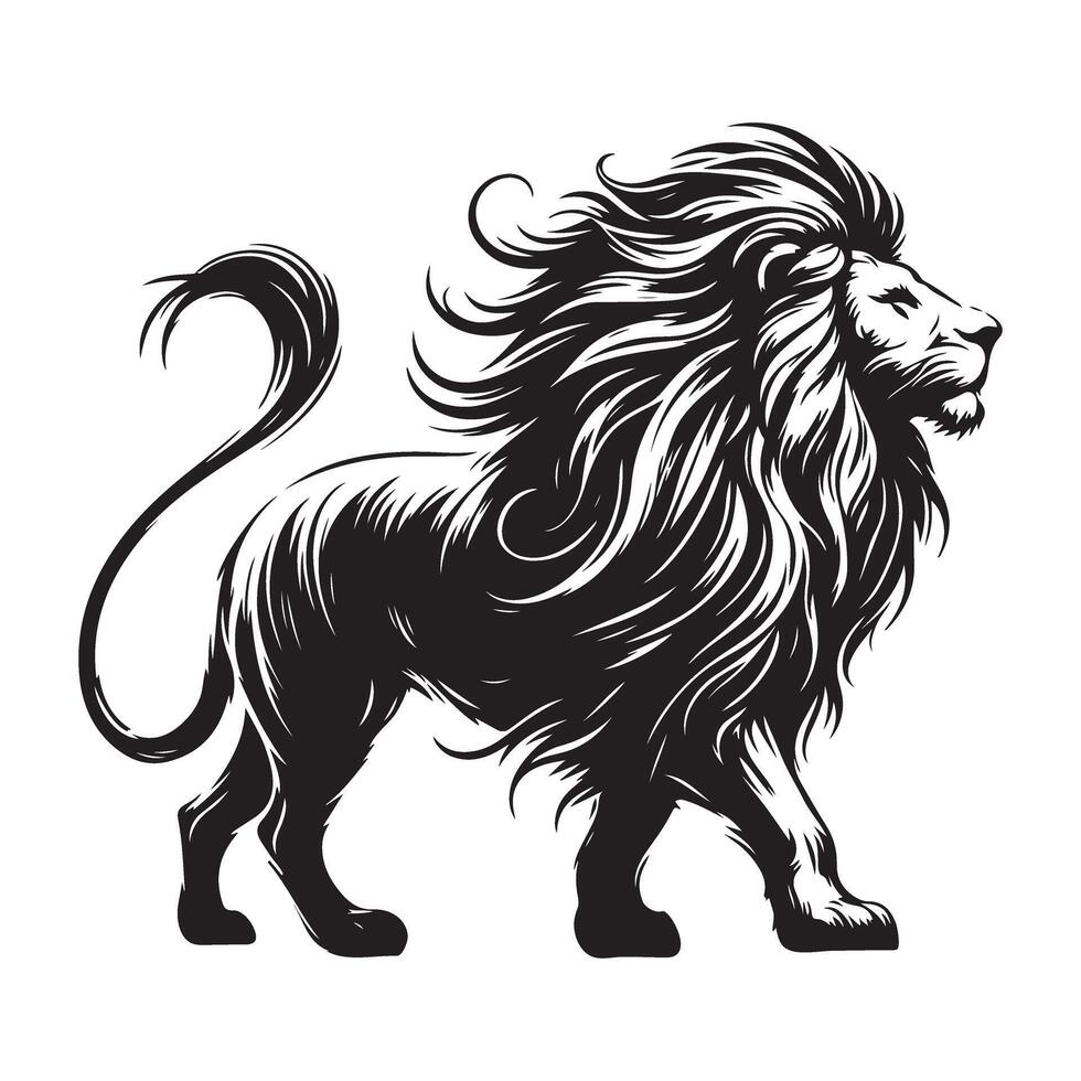 Majestic Lion Illustration Walking with Flowing Mane Silhouette Art vector